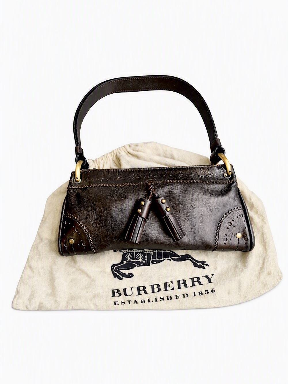 BURBERRY Metallic Bronze Brown Leather Baguette Y2K Shoulder Bag + Dust Bag